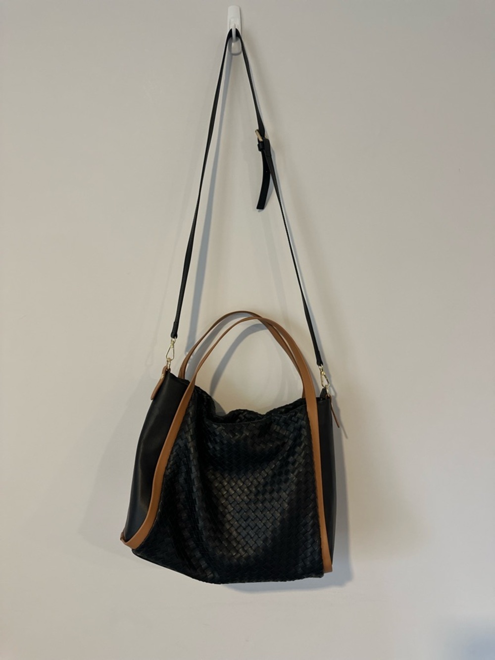 Giorgia Milani Black Leather Woven Shoulder Satchel Bag Brown Trim Made In Italy